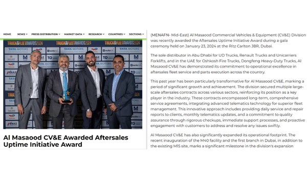 Al Masaood CV&E's Victory at the Truck&Fleet Awards Featured in MenaFN
